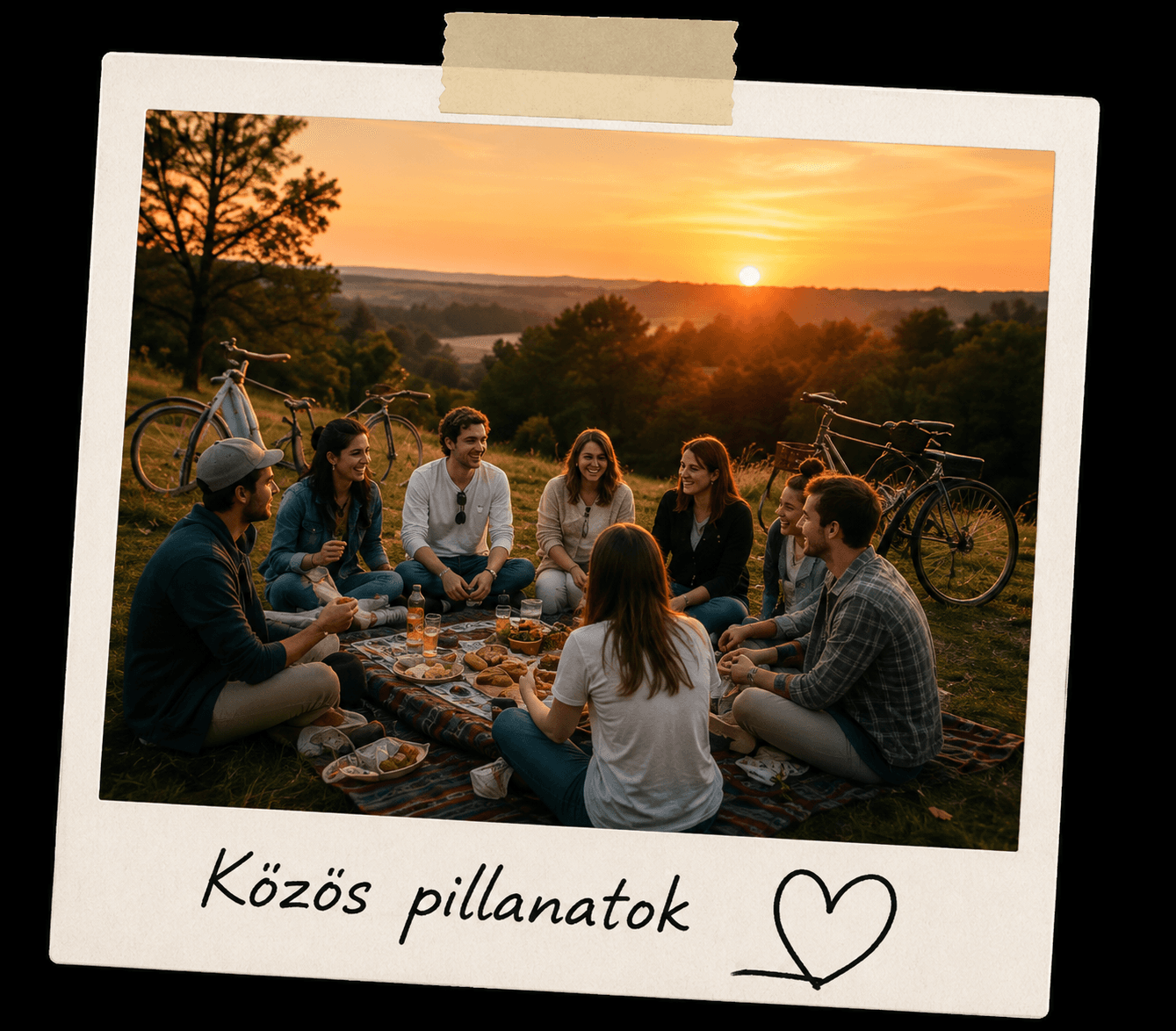 Baráti társaság közös pikniken naplementében