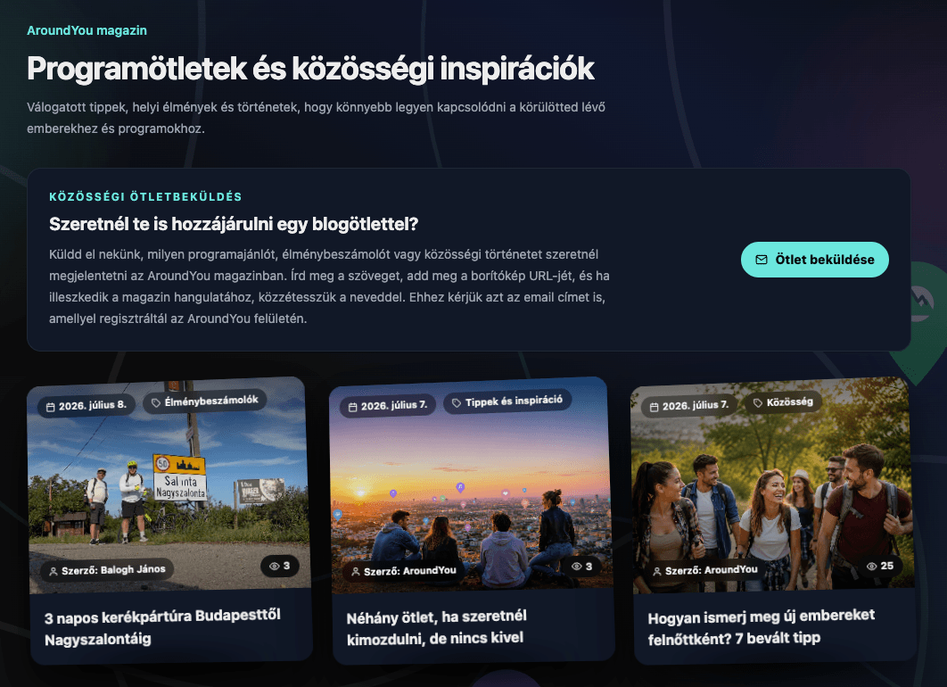 Az AroundYou működő webes felülete eseményekkel és közösségi funkciókkal