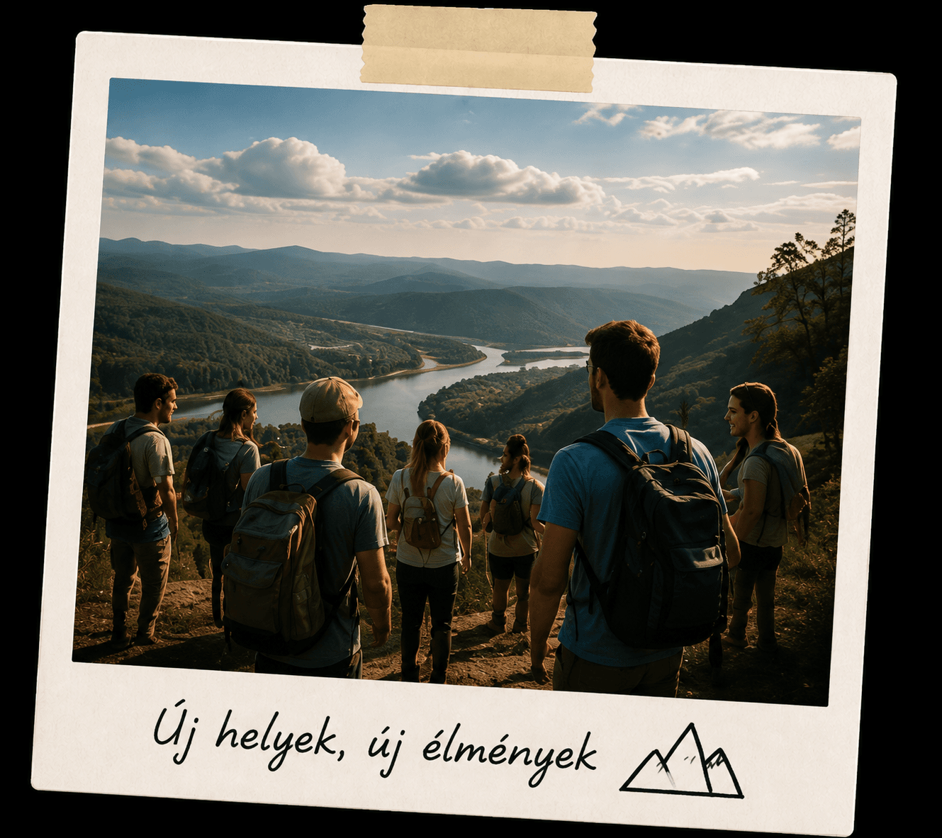 Kiránduló közösség egy hegyi kilátónál